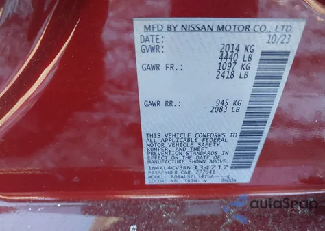 2024 Nissan Altima Sr Vc-Turbo Fwd z USA, uszkodzony, nr VIN 1N4AL4CV3RN334717